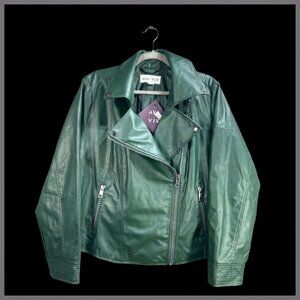 NWT Ava & Viv Womens Green Faux Leather‎ Jacket 1X Asymmetrical Zip